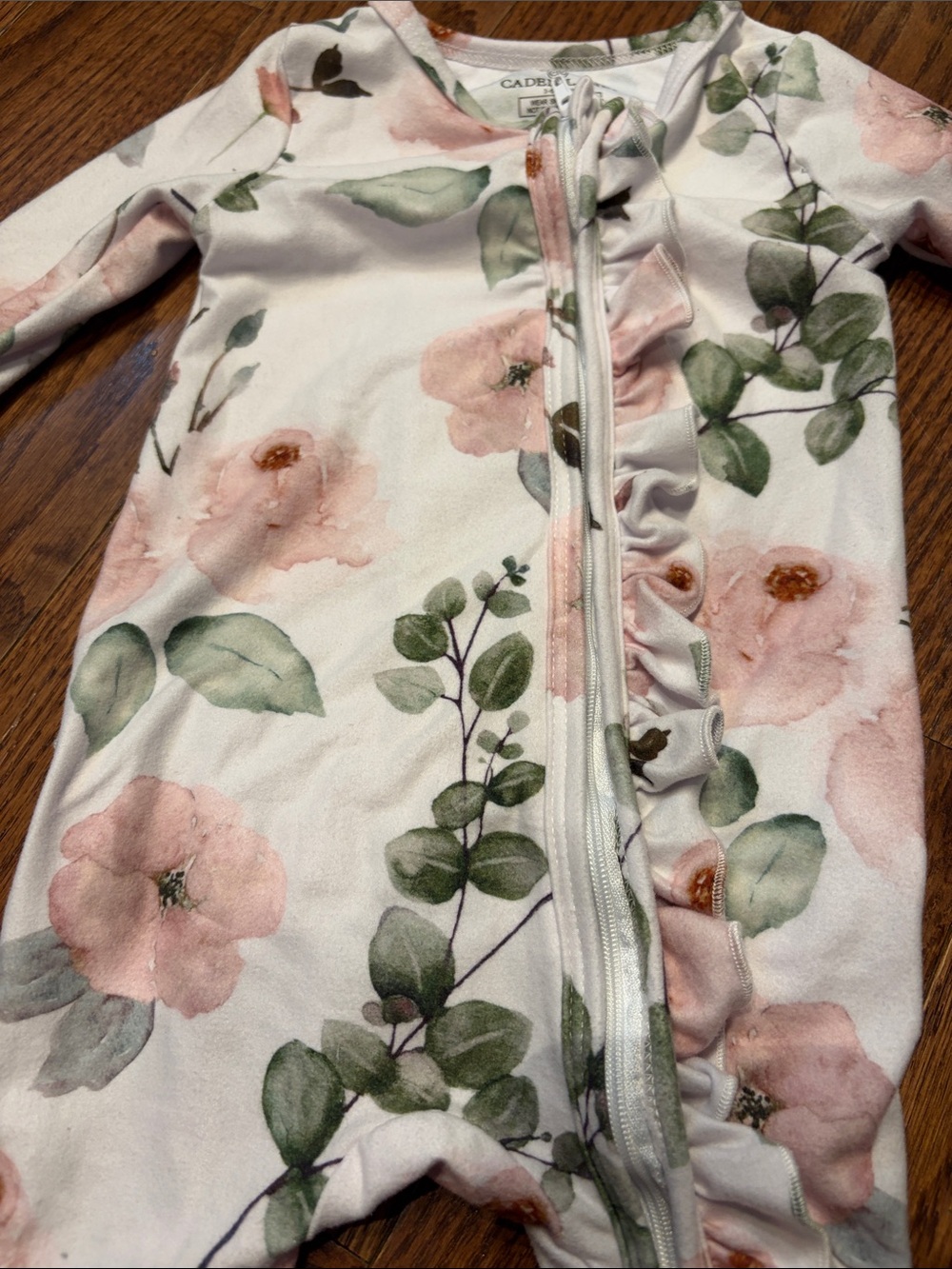 Caden Lane White Footed One-Piece with Pink Floral and Green Leaves - Picture 2 of 3